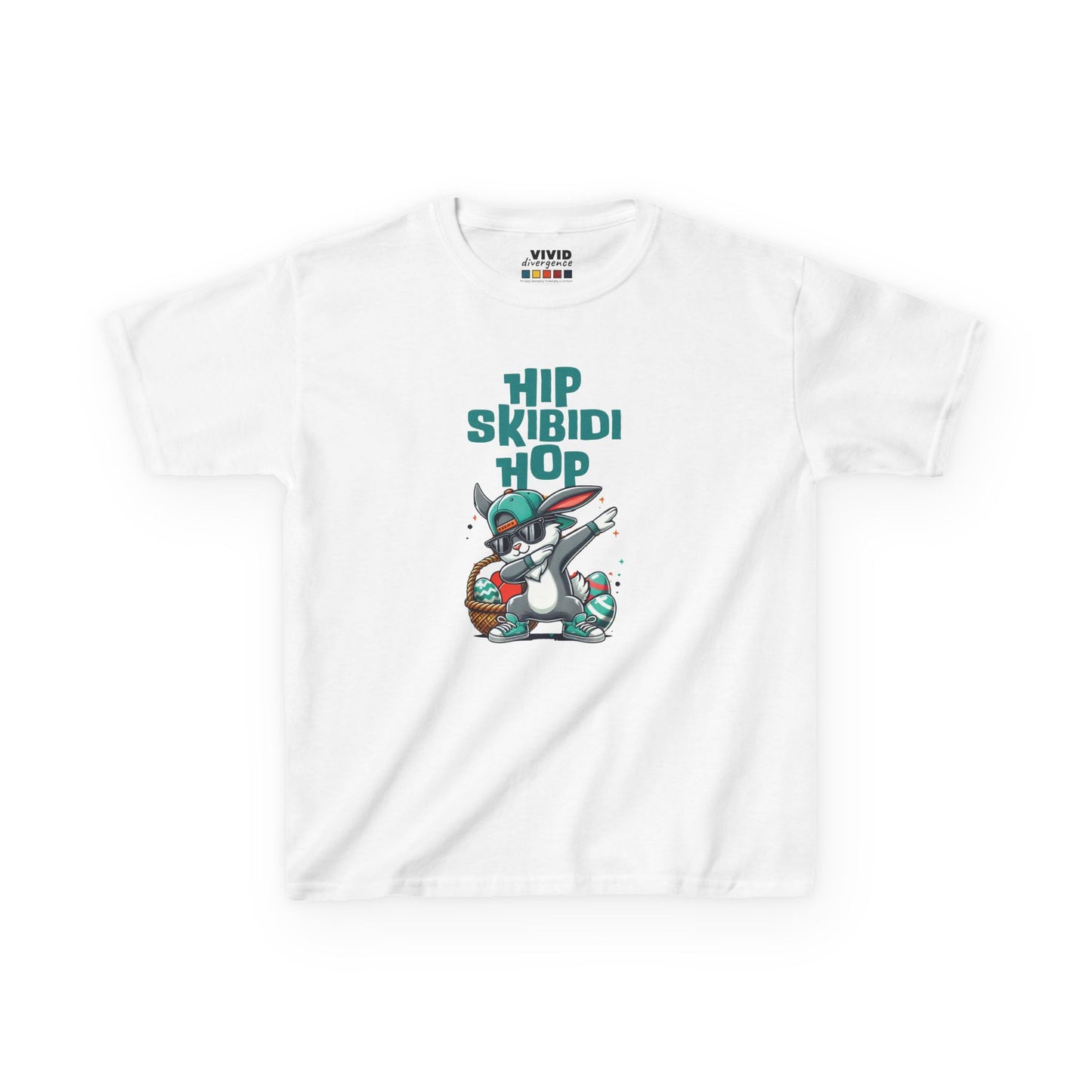 White kids' T-shirt featuring a trendy Skibidi Easter bunny doing a hip-hop dab, a playful and unique holiday design. Hop into the season in style and shop Easter shirts online today!