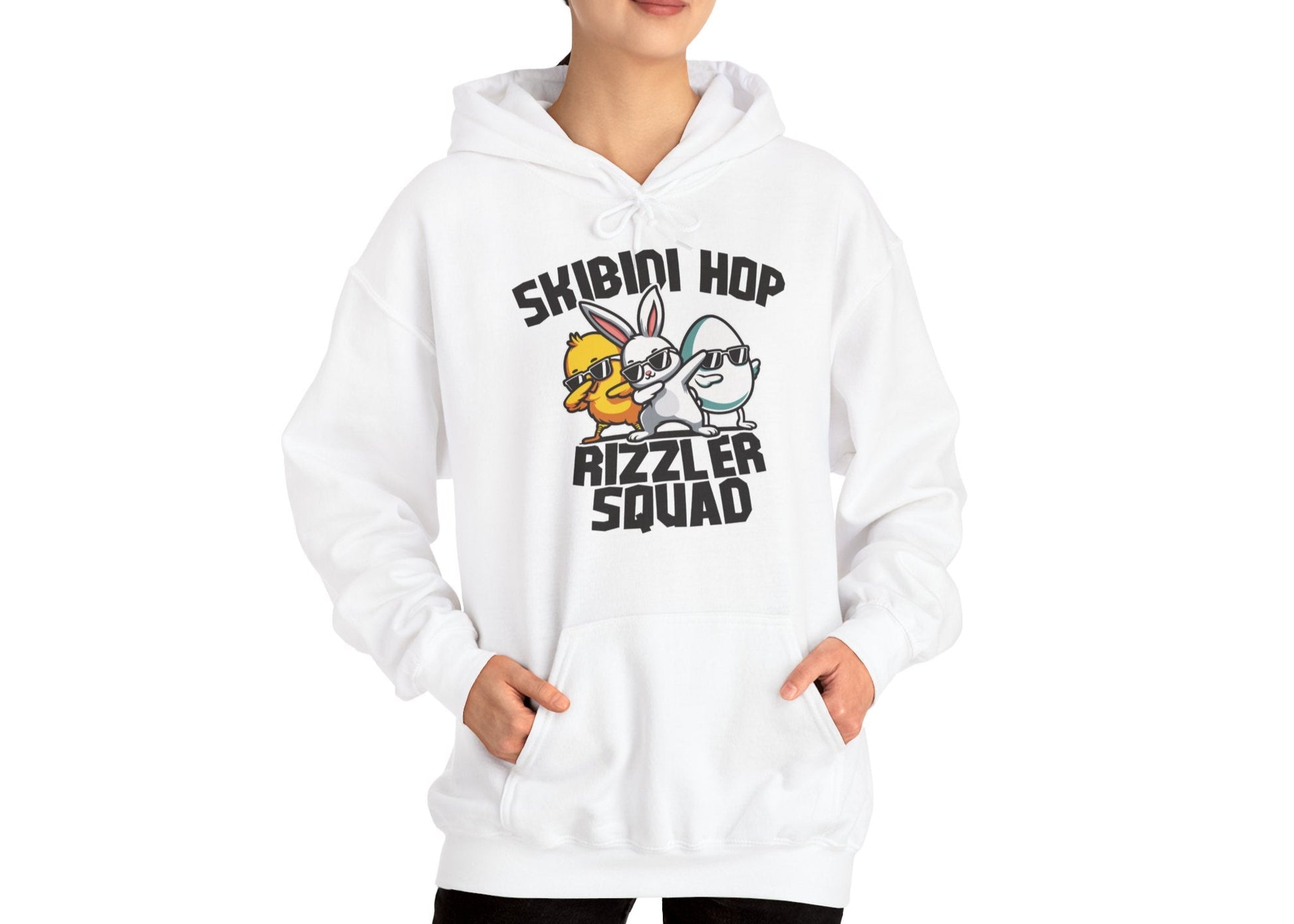 Woman wearing white hoodie with funny Skibidi Hop Rizzler Squad Easter graphic. Part of the Vivid Divergence Sensory Friendly Unisex Hoodies Range.
