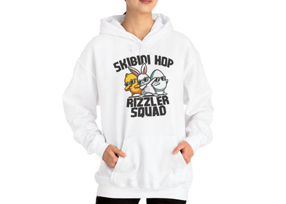 Woman wearing white hoodie with funny Skibidi Hop Rizzler Squad Easter graphic. Part of the Vivid Divergence Sensory Friendly Unisex Hoodies Range.
