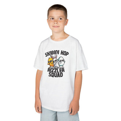 Child wearing a white Easter T-shirt with "Skibidi Hop Rizzler Squad" text, a funny and stylish Easter meme outfit. Hop into the season in style and shop Easter shirts online today!
