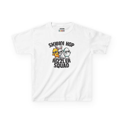 White kids' T-shirt featuring a funny "Skibidi Hop Rizzler Squad" graphic, a must-have for meme-loving kids. Hop into the season in style and shop Easter shirts online today!