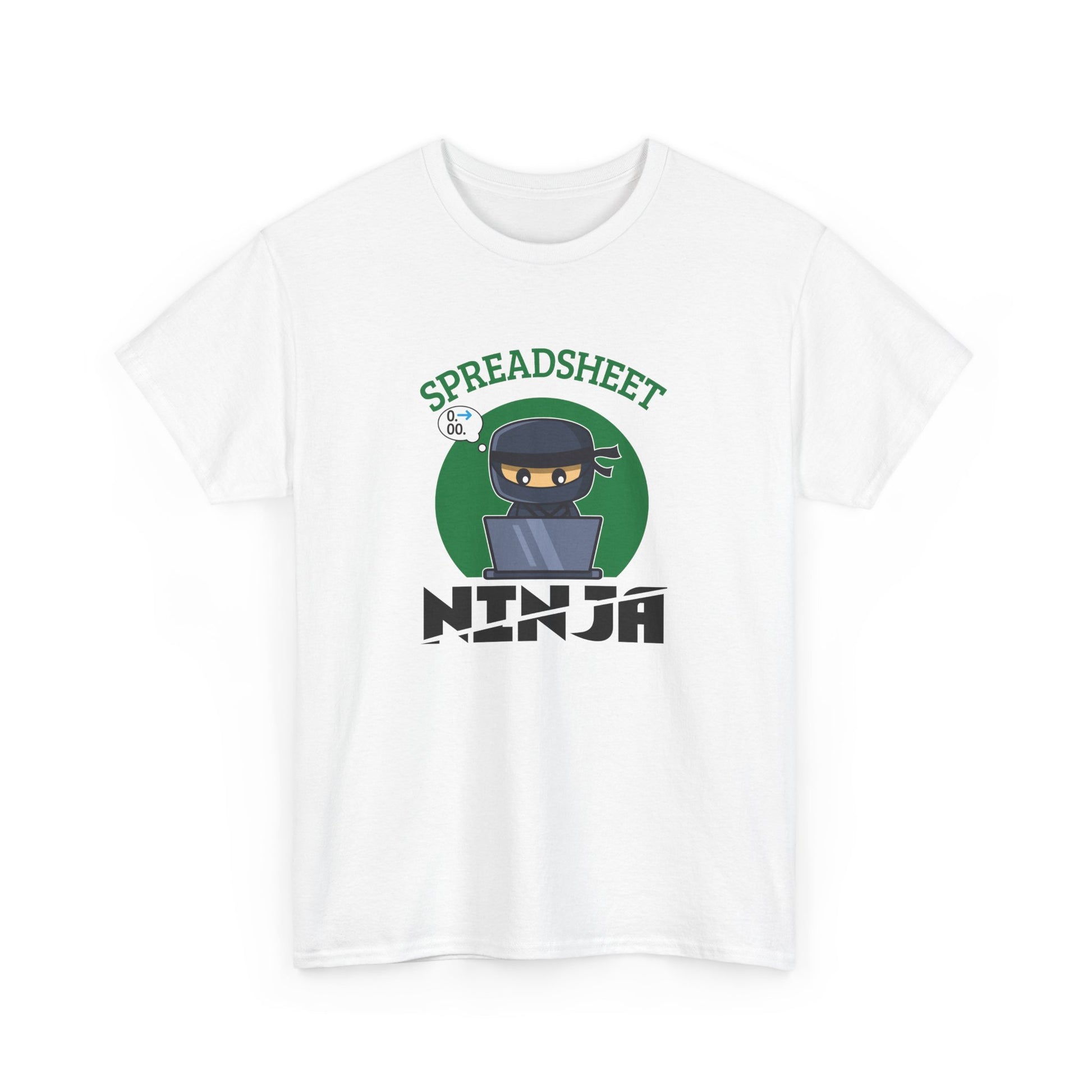 Front view of a white T-shirt featuring a "Spreadsheet Ninja" design with a ninja character and spreadsheet icon. Part of the Vivid Divergence Sensory Friendly Unisex Tees Range.