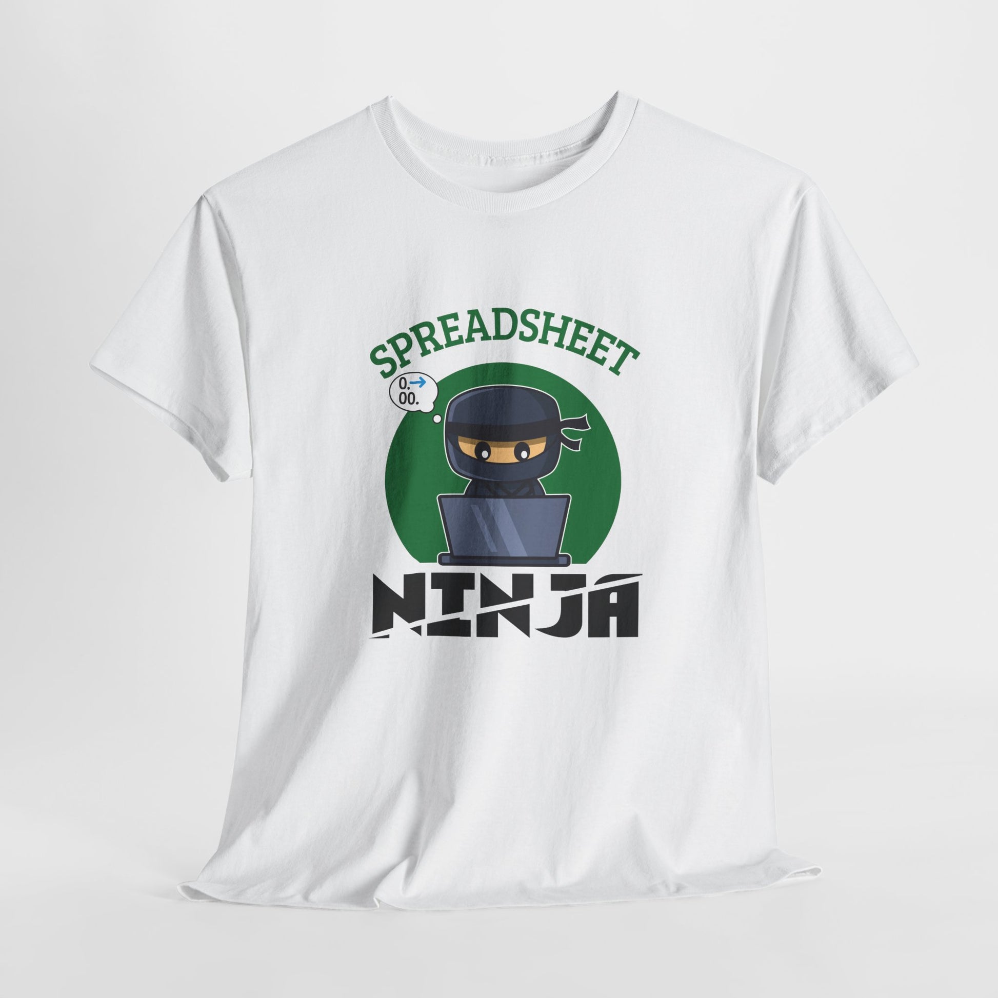 Hanging white T-shirt featuring a "Spreadsheet Ninja" design with a ninja character and spreadsheet icon. Part of the Vivid Divergence Sensory Friendly Unisex Tees Range.