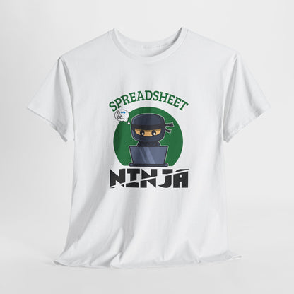 Hanging white T-shirt featuring a "Spreadsheet Ninja" design with a ninja character and spreadsheet icon. Part of the Vivid Divergence Sensory Friendly Unisex Tees Range.
