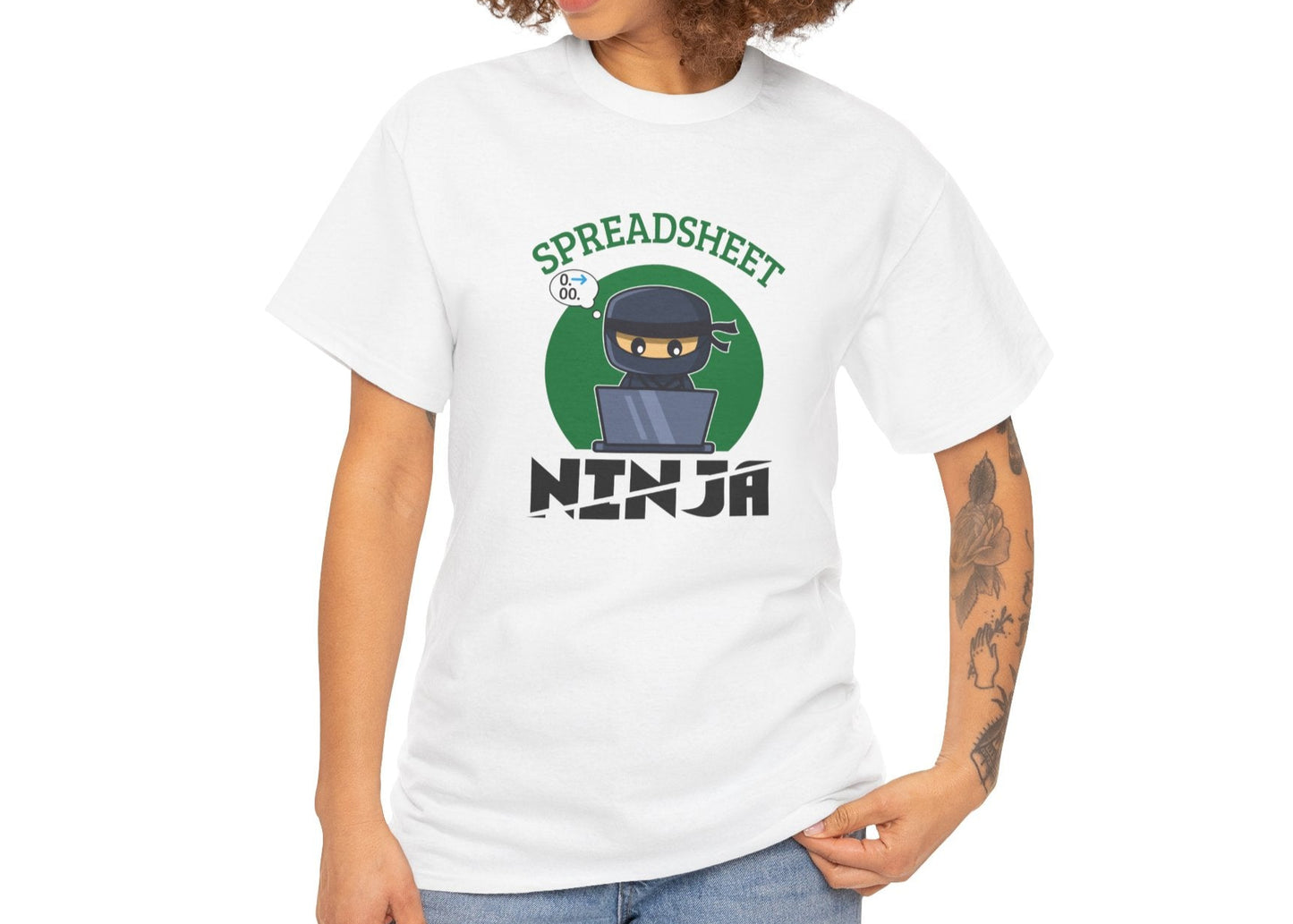 Model wearing a white T-shirt featuring a "Spreadsheet Ninja" design with a ninja character and spreadsheet icon. Part of the Vivid Divergence Sensory Friendly Unisex Tees Range.