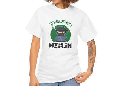 Model wearing a white T-shirt featuring a "Spreadsheet Ninja" design with a ninja character and spreadsheet icon. Part of the Vivid Divergence Sensory Friendly Unisex Tees Range.