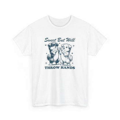 Front view of a white T-shirt featuring "Sweet But Will Throw Hands" text with two dogs in navy blue-tone design. Part of the Vivid Divergence Sensory Friendly Unisex Tees Range.