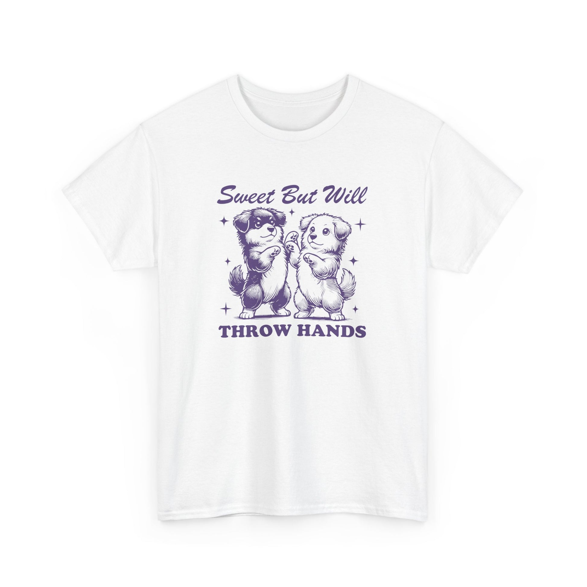 Front view of a white T-shirt featuring "Sweet But Will Throw Hands" text with two dogs in purple-tone design. Part of the Vivid Divergence Sensory Friendly Unisex Tees Range.