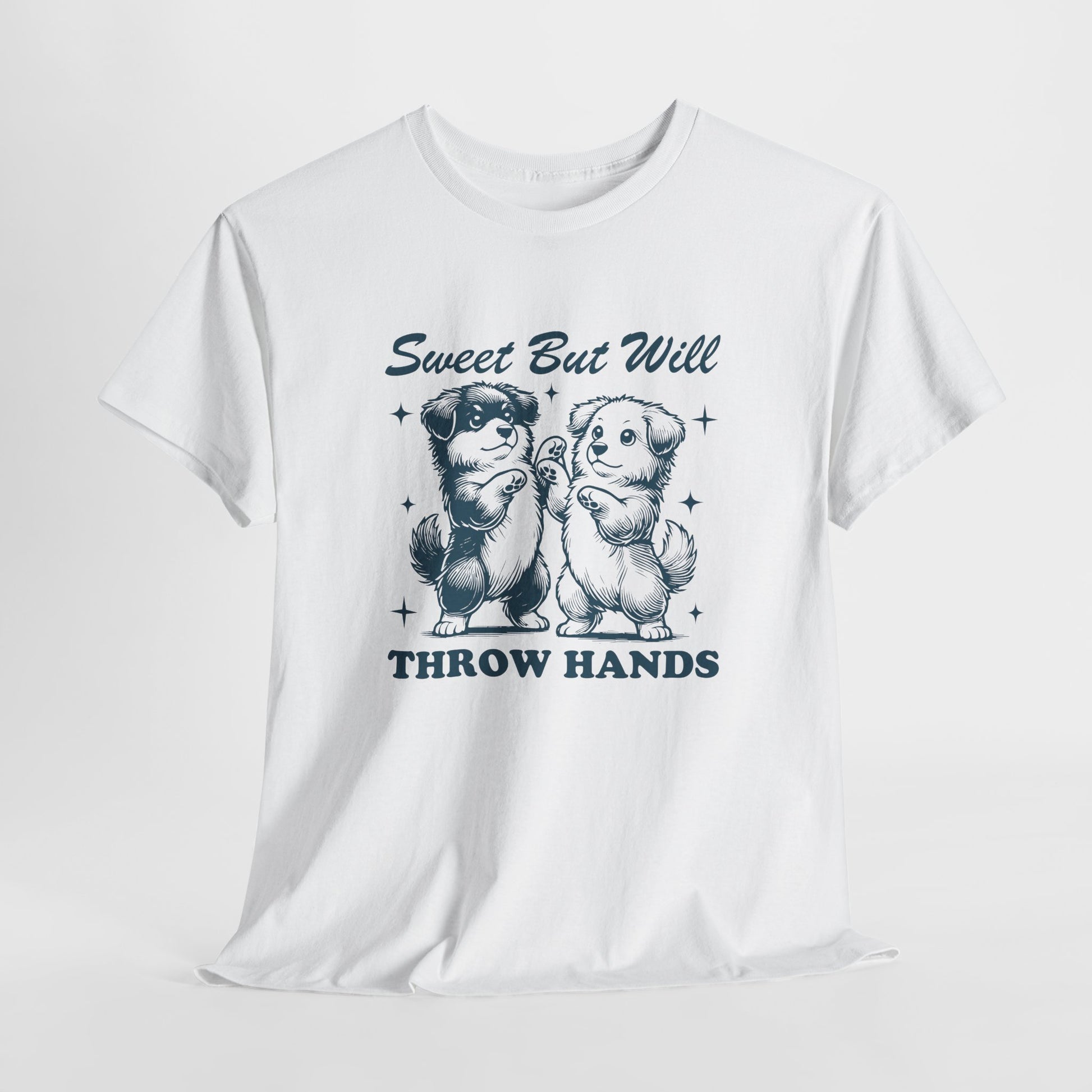 Hanging white T-shirt featuring "Sweet But Will Throw Hands" text with two dogs in navy blue-tone design. Part of the Vivid Divergence Sensory Friendly Unisex Tees Range.
