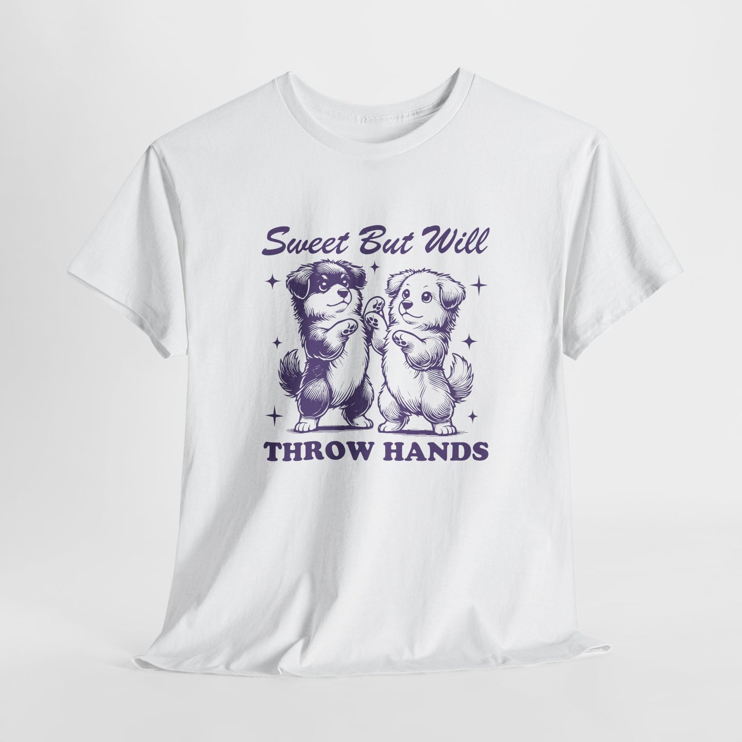 Hanging white T-shirt featuring "Sweet But Will Throw Hands" text with two dogs in purple-tone design. Part of the Vivid Divergence Sensory Friendly Unisex Tees Range.