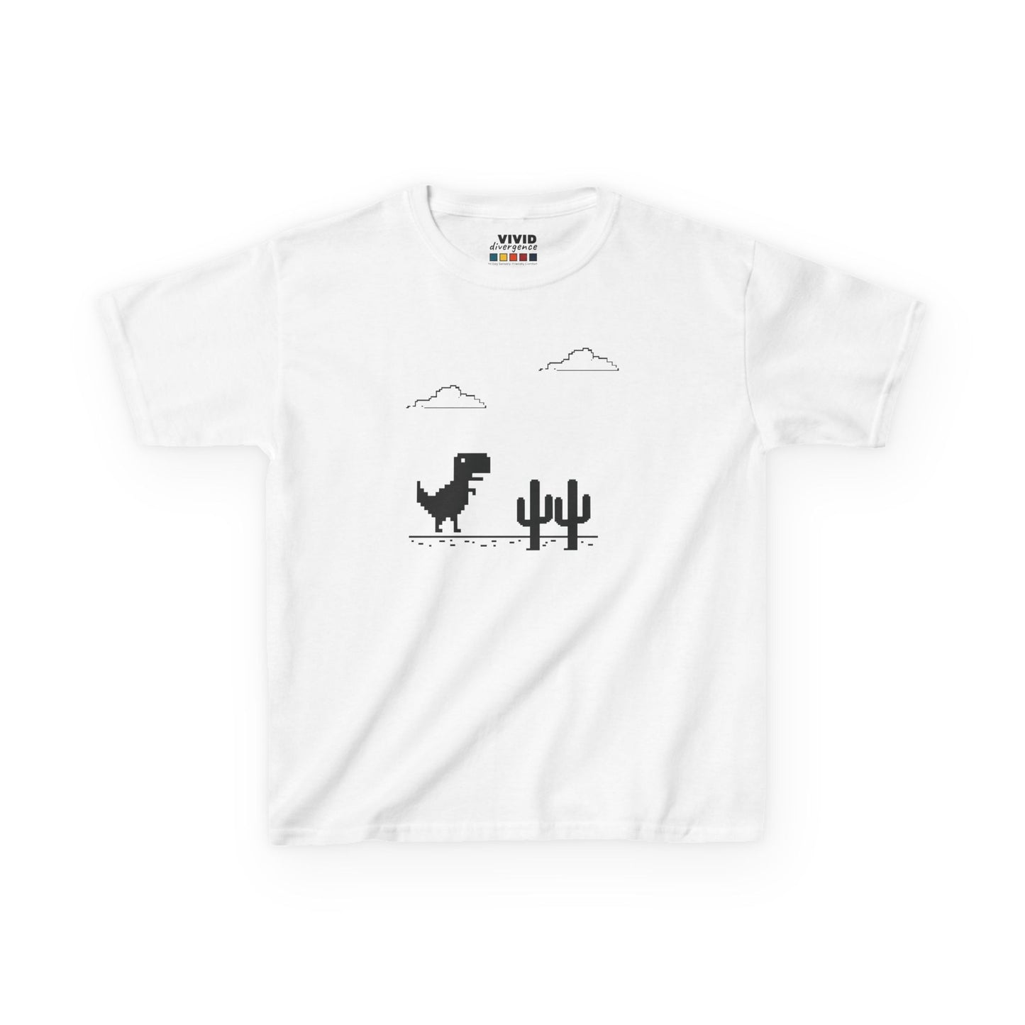 Front view of a white "T-Rex Runner" Dinosaur Game kids T-shirt featuring a pixelated T-Rex and cactus design. Part of the Vivid Divergence Sensory Friendly Kids Shirts Range. The perfect T-shirt for sensory-sensitive kids and comes with a Sensory Satisfaction Promise.