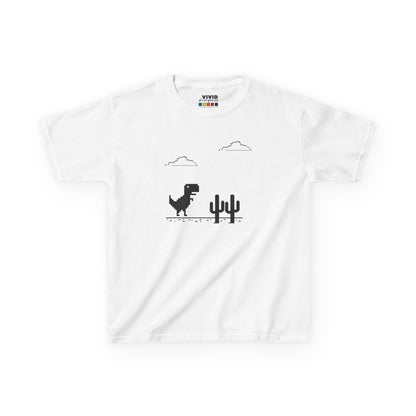 Front view of a white "T-Rex Runner" Dinosaur Game kids T-shirt featuring a pixelated T-Rex and cactus design. Part of the Vivid Divergence Sensory Friendly Kids Shirts Range. The perfect T-shirt for sensory-sensitive kids and comes with a Sensory Satisfaction Promise.