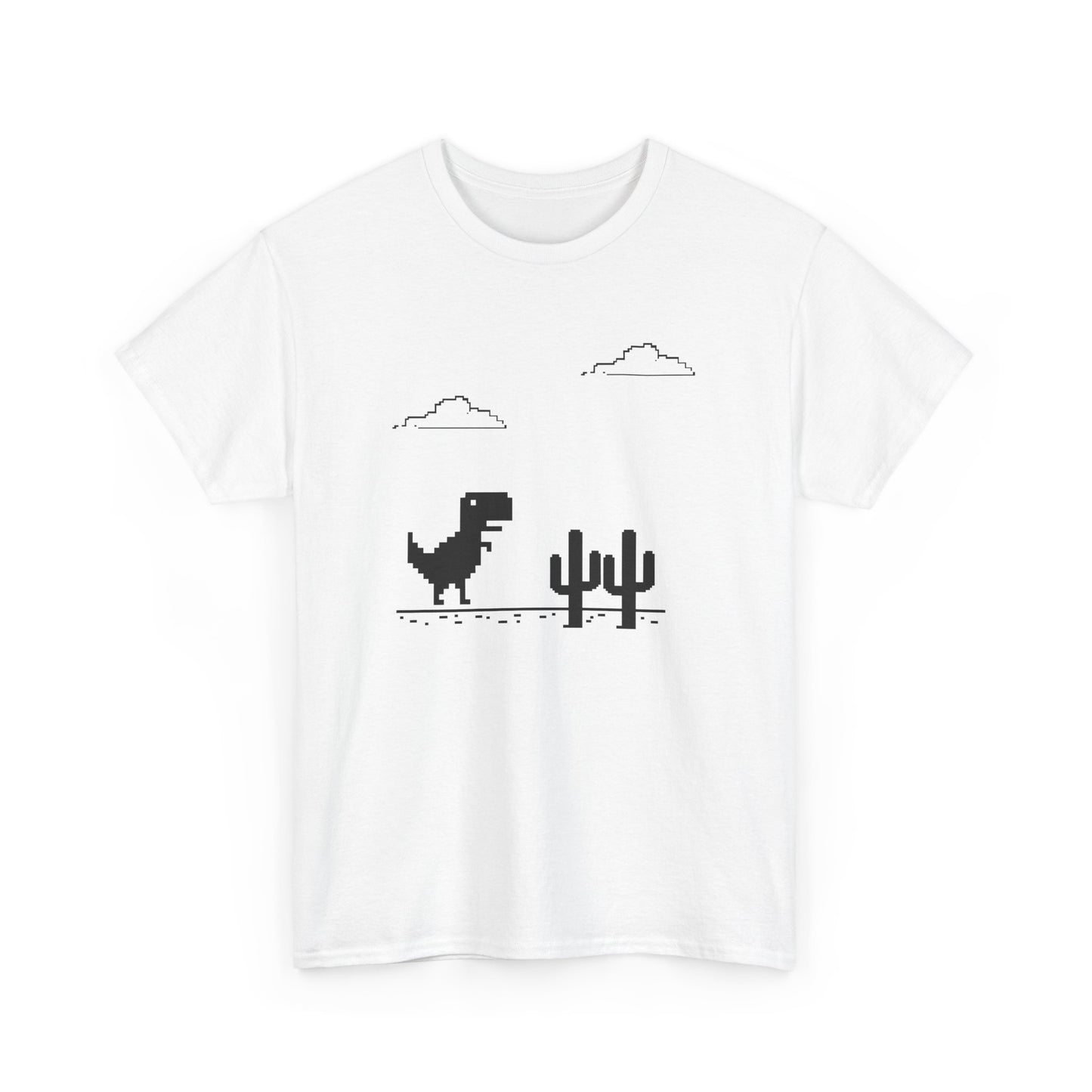 Front view of a white T-shirt featuring a minimalist pixel-style T-Rex Runner Dinosaur Game design with a T-Rex, cacti, and clouds. Part of the Vivid Divergence Sensory Friendly Unisex Tees Range.