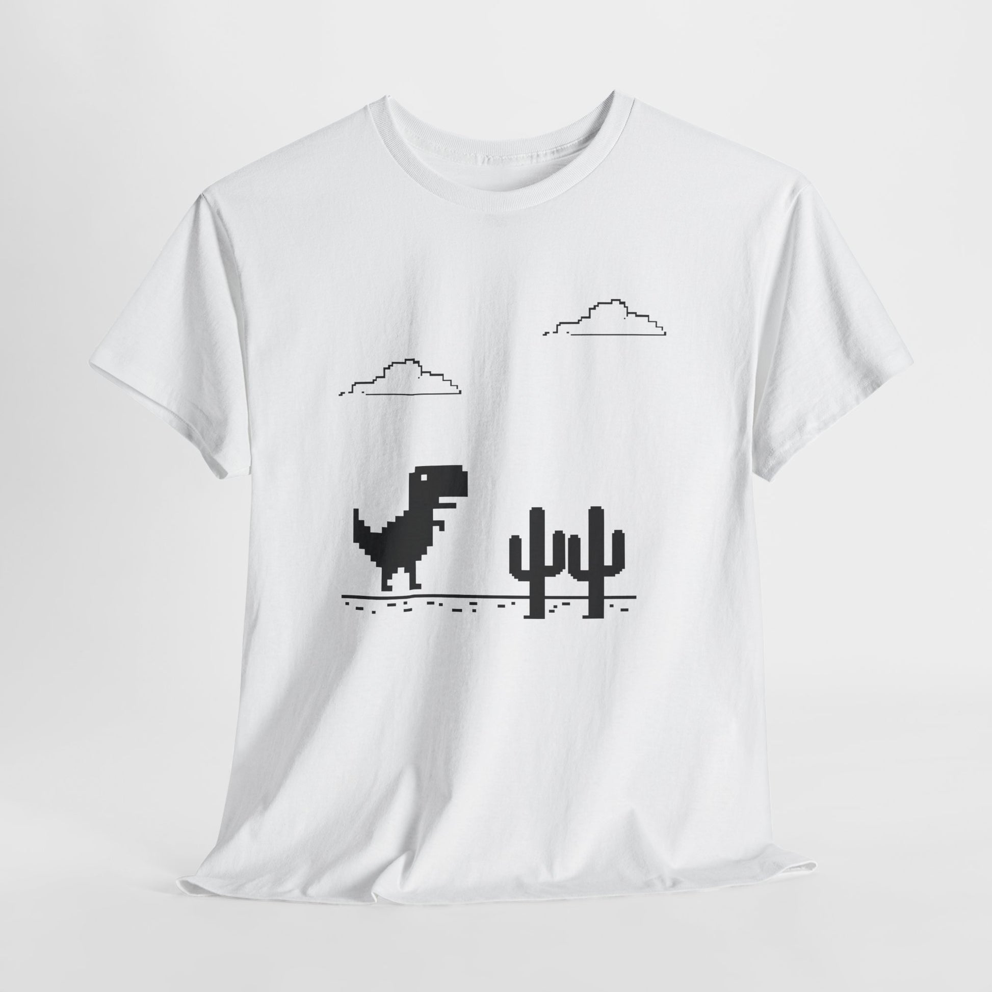 Hanging white T-shirt featuring a minimalist pixel-style T-Rex Runner Dinosaur Game design with a T-Rex, cacti, and clouds. Part of the Vivid Divergence Sensory Friendly Unisex Tees Range.