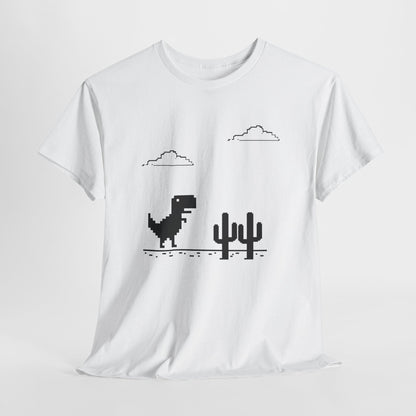 Hanging white T-shirt featuring a minimalist pixel-style T-Rex Runner Dinosaur Game design with a T-Rex, cacti, and clouds. Part of the Vivid Divergence Sensory Friendly Unisex Tees Range.