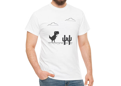 Model wearing a white T-shirt featuring a minimalist pixel-style T-Rex Runner Dinosaur Game design with a T-Rex, cacti, and clouds. Part of the Vivid Divergence Sensory Friendly Unisex Tees Range.