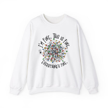 White sweatshirt featuring a colorful tangle of Christmas lights with the phrase "I'm Fine. This is Fine. Everything's Fine." Part of the Vivid Divergence Sensory Friendly Sweatshirt Range.