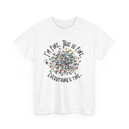 White T-shirt featuring a humorous tangle of Christmas lights with the phrase "I'm Fine. This is Fine. Everything's Fine." Part of the Vivid Divergence Sensory Friendly Unisex Tees Range.