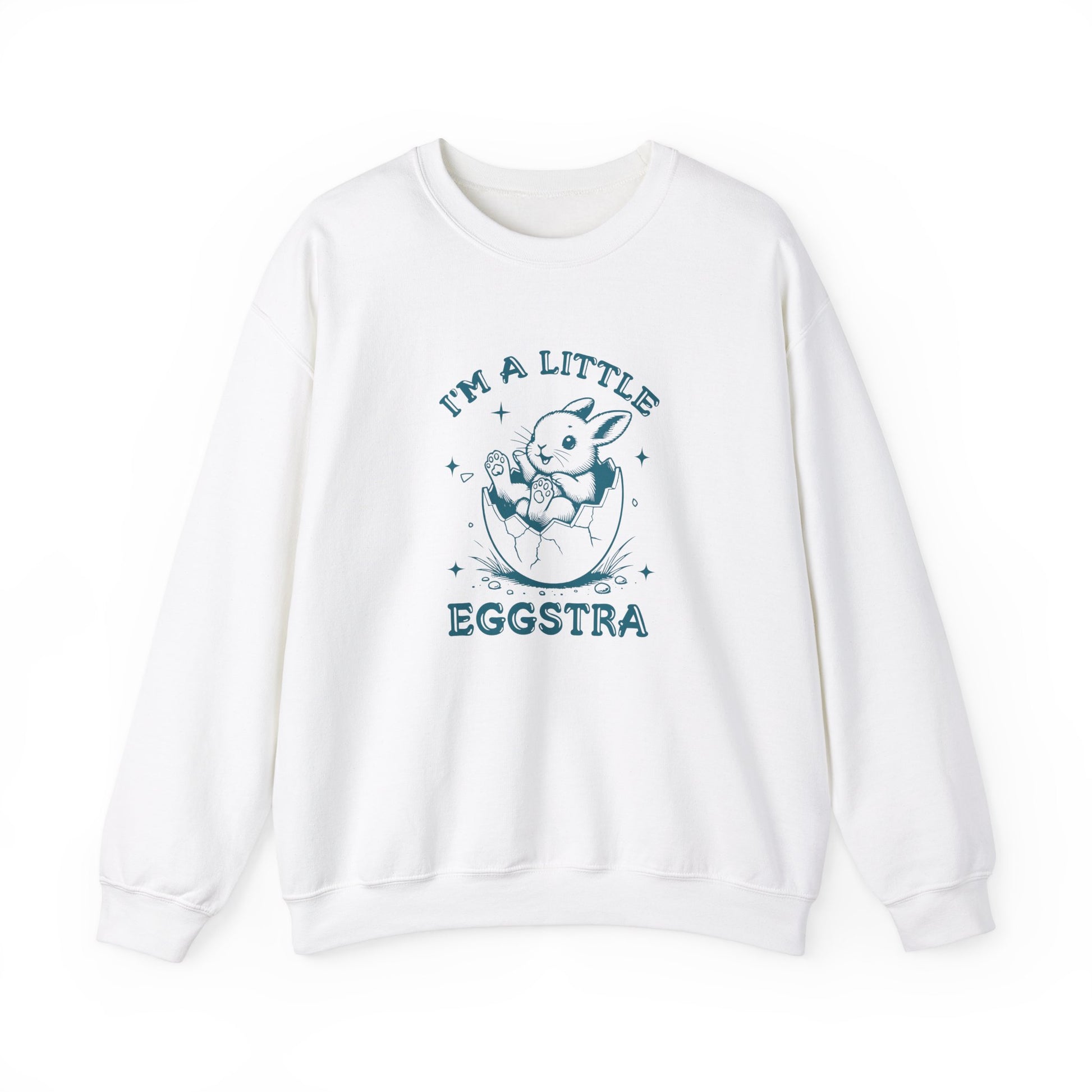 Front view of white sweater jumper with teal “I’m a Little Eggstra” bunny design. Part of the Vivid Divergence Sensory Friendly Unisex Sweater Jumper Range.
