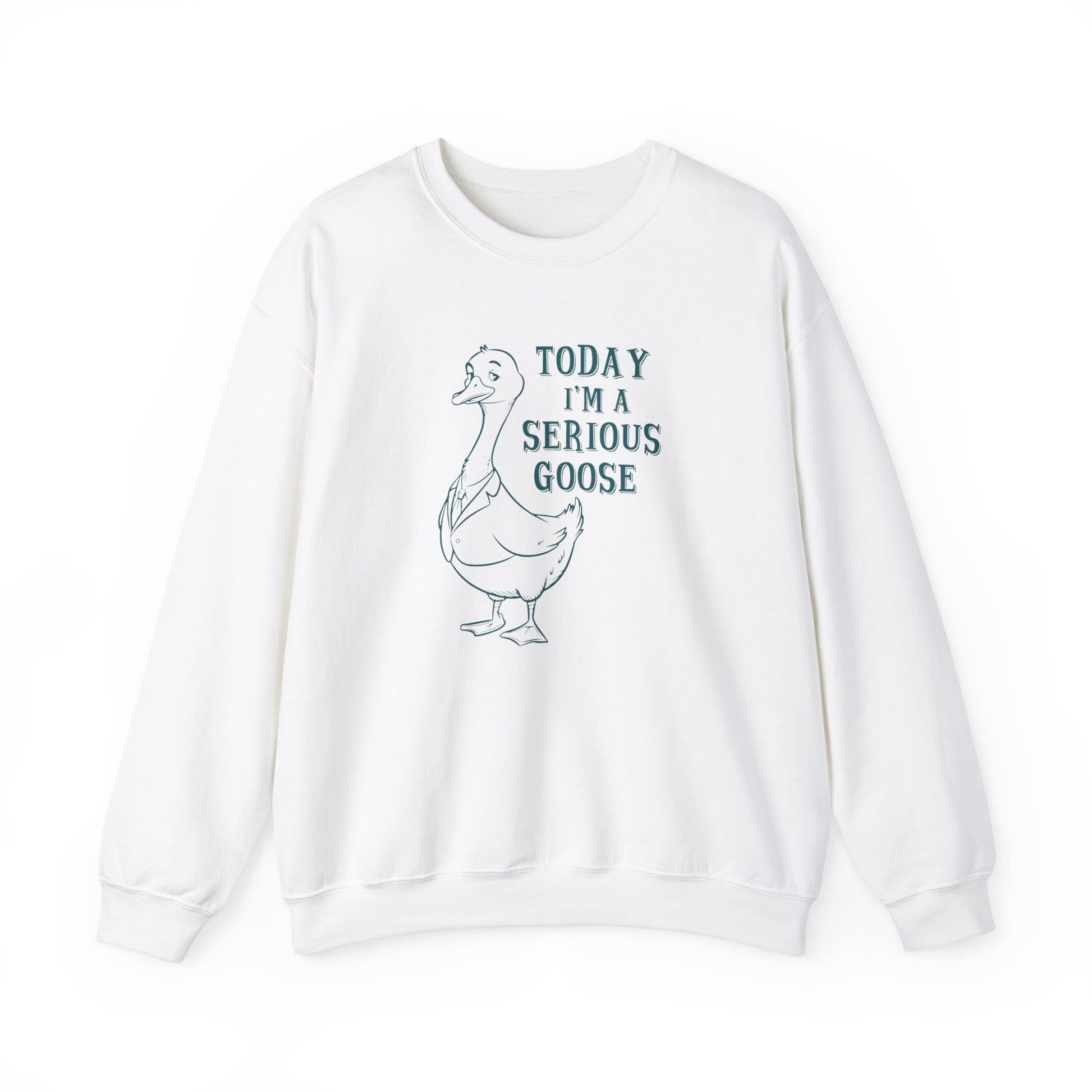 Front view of a white sweatshirt featuring a cartoon goose standing upright with the text "Today I'm a Serious Goose." Part of the Vivid Divergence Sensory Friendly Unisex Sweater Jumper Range.