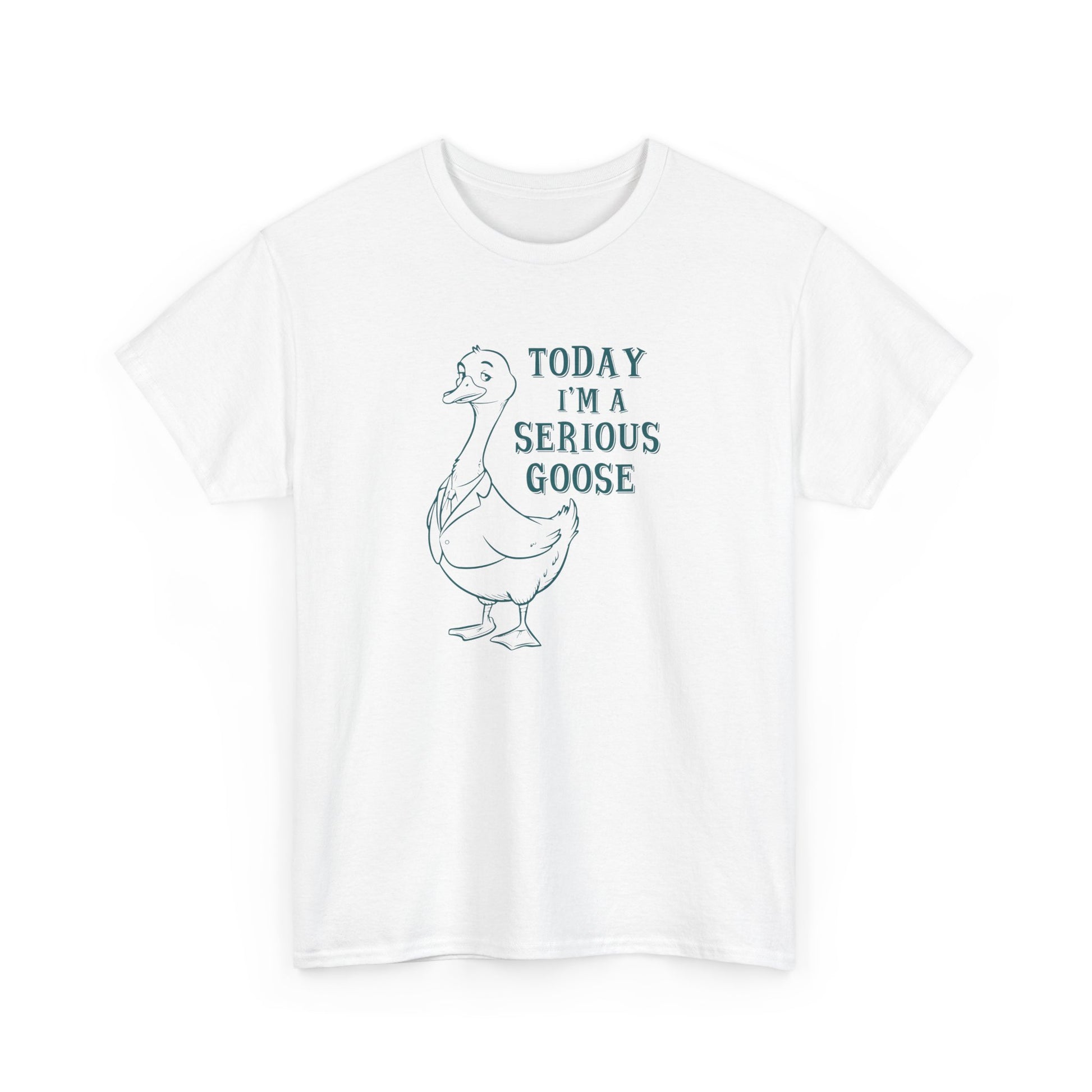 Front view of a white T-shirt with "Today I'm A Serious Goose" in teal text and a simple goose illustration. Part of the Vivid Divergence Sensory Friendly Unisex Tees Range.