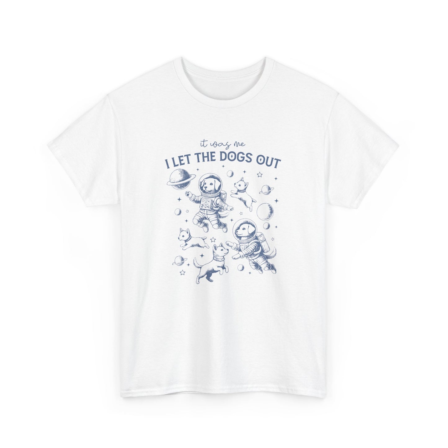 Front view of a white T-shirt featuring astronaut dogs in space suits with playful text. Part of the Vivid Divergence Sensory Friendly Unisex Tees Range.