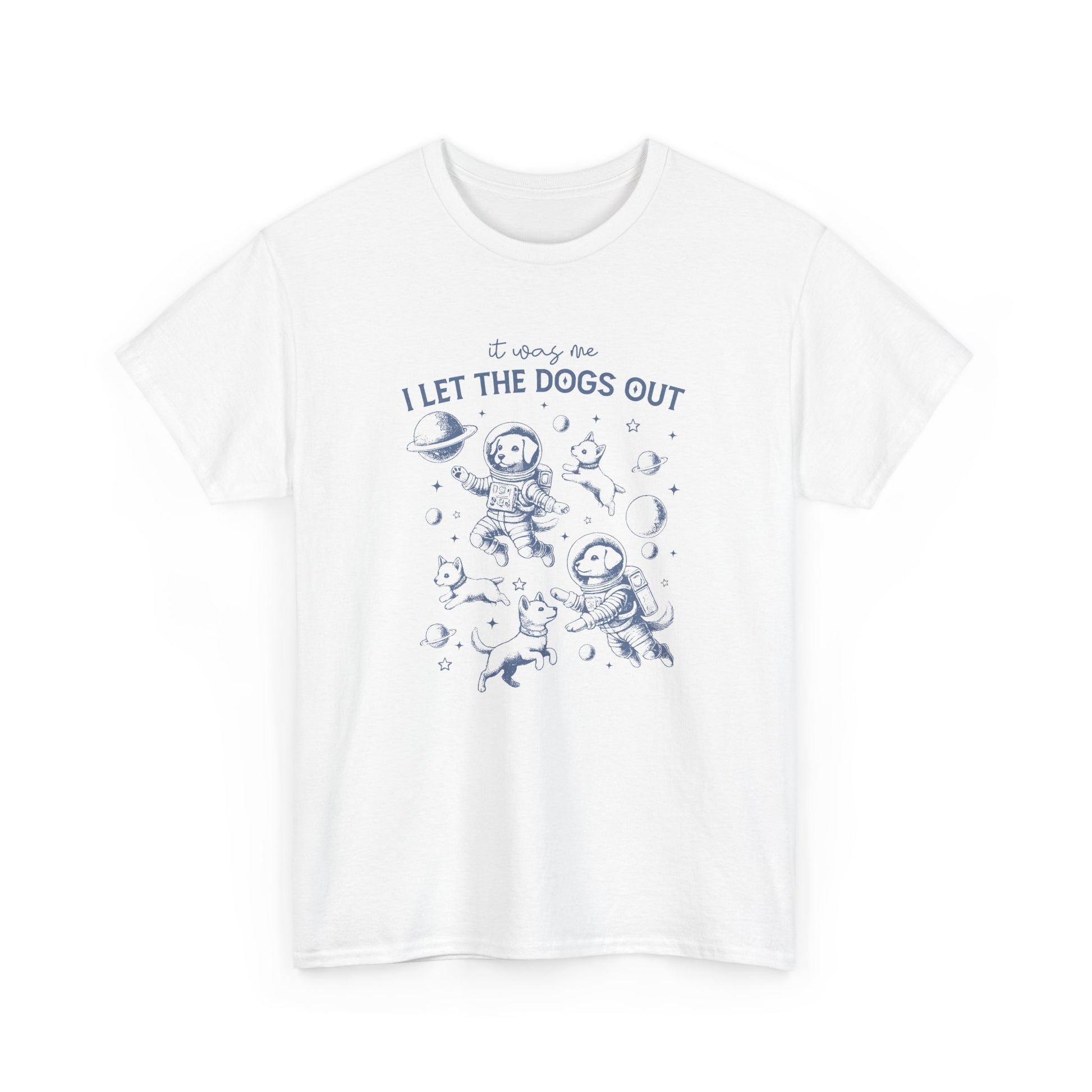 Front view of a white T-shirt featuring astronaut dogs in space suits with playful text. Part of the Vivid Divergence Sensory Friendly Unisex Tees Range.