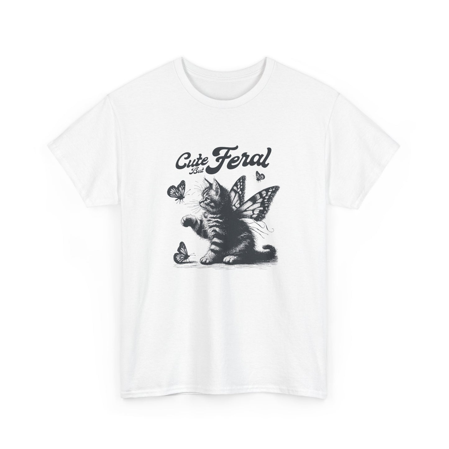 Front view of a white T-shirt featuring a "Cute but Feral" design with a cat and butterfly illustration. Part of the Vivid Divergence Sensory Friendly Unisex Tees Range.