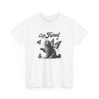 Front view of a white T-shirt featuring a "Cute but Feral" design with a cat and butterfly illustration. Part of the Vivid Divergence Sensory Friendly Unisex Tees Range.