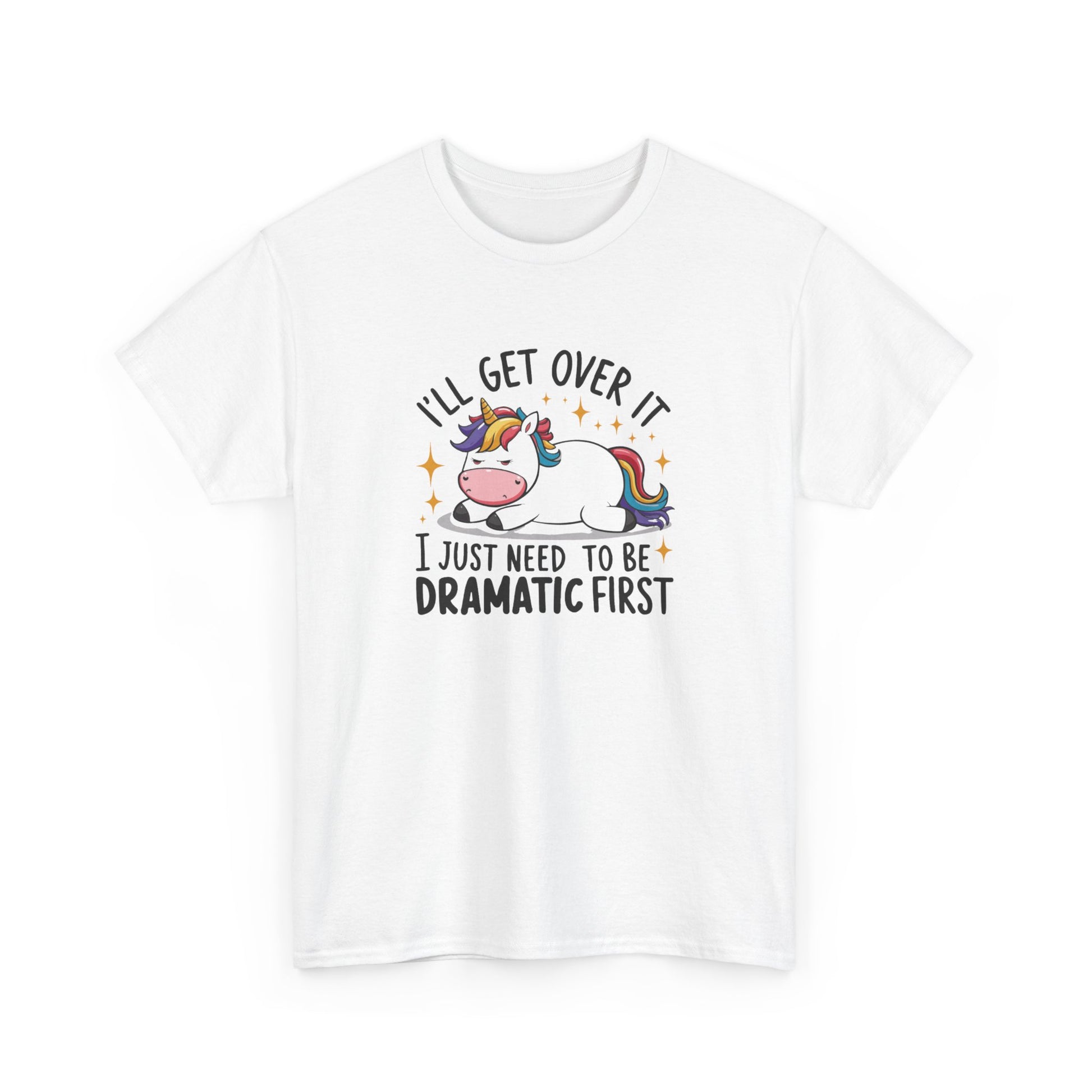 Front view of a white T-shirt featuring a unicorn and cow graphic with the text "I'll Get Over It, I Just Need To Be Dramatic First." Part of the Vivid Divergence Sensory Friendly Unisex Tees Range.