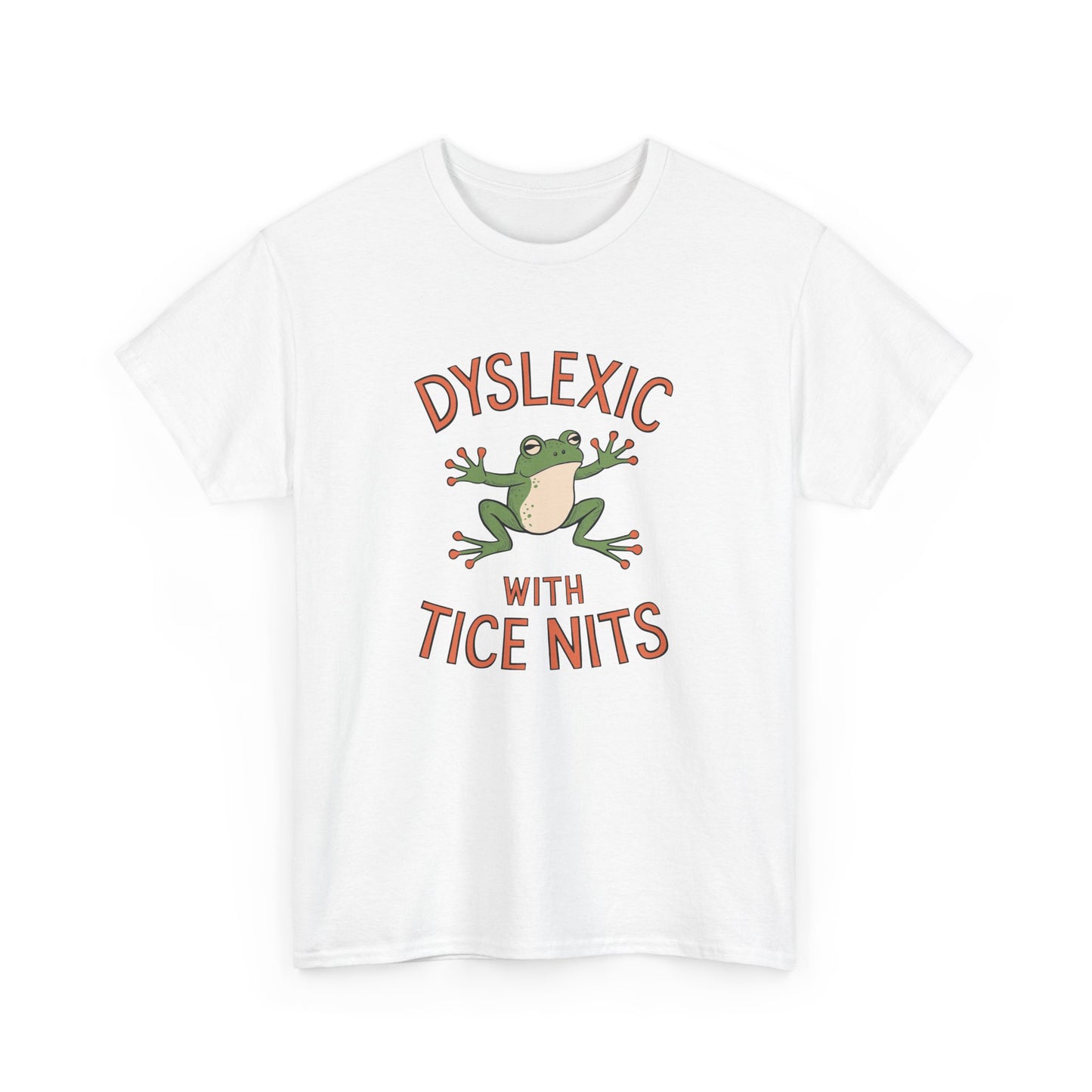 White T-shirt with "Dyslexic with Tice Nits" text and frog graphic shown from the front. Part of the Vivid Divergence Sensory Friendly Unisex Tees Range.