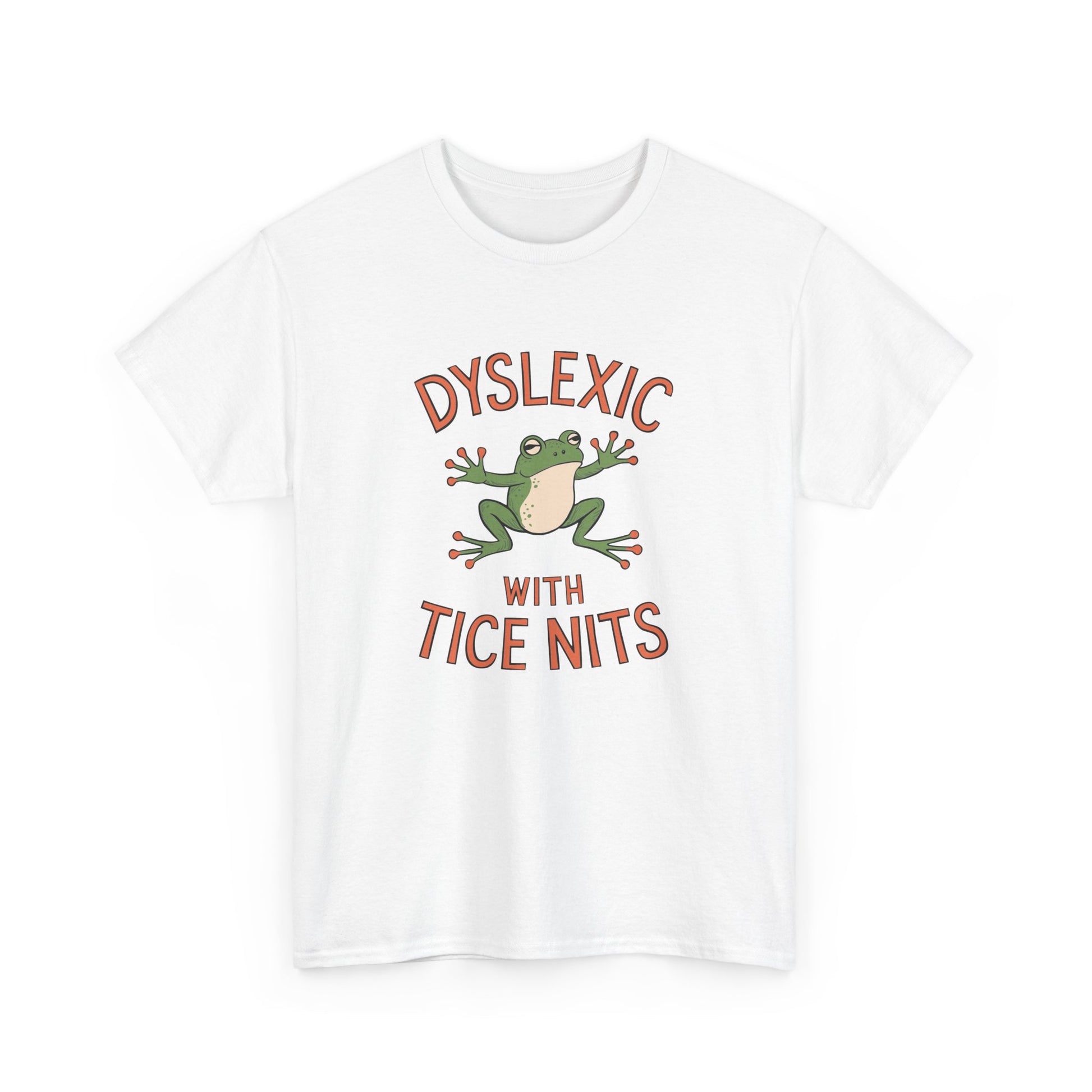 White T-shirt with "Dyslexic with Tice Nits" text and frog graphic shown from the front. Part of the Vivid Divergence Sensory Friendly Unisex Tees Range.