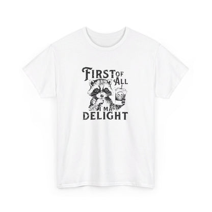 Front view of a white T-shirt with "First of All Delight" text and graphic design. Part of the Vivid Divergence Sensory Friendly Unisex Tees Range