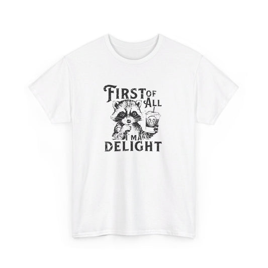 Front view of a white T-shirt with "First of All Delight" text and graphic design. Part of the Vivid Divergence Sensory Friendly Unisex Tees Range
