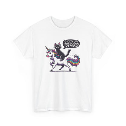 Front view of a white T-shirt featuring a black cat riding a unicorn with the text "Giddy Up, There's Chaos to Spread." Part of the Vivid Divergence Sensory Friendly Unisex Tees Range.