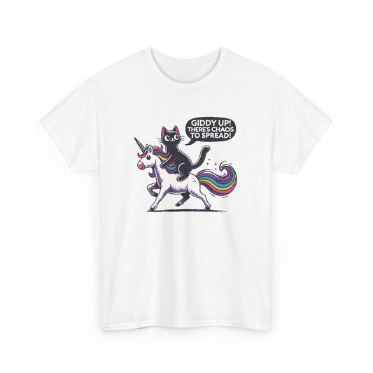 Front view of a white T-shirt featuring a black cat riding a unicorn with the text "Giddy Up, There's Chaos to Spread." Part of the Vivid Divergence Sensory Friendly Unisex Tees Range.
