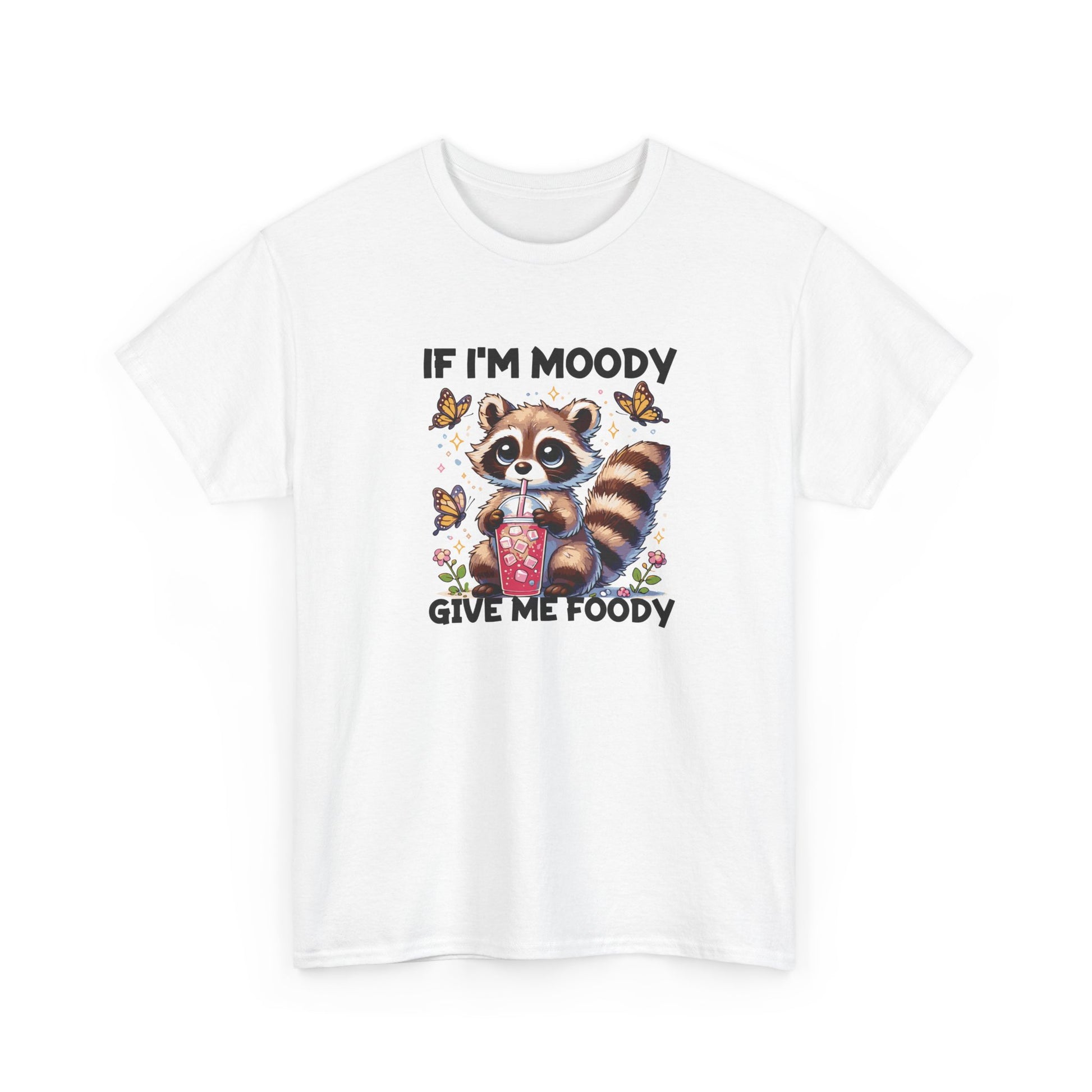 Front view of a white T-shirt featuring a raccoon graphic with food and the text "If I'm Moody, Give Me Foody." Part of the Vivid Divergence Sensory Friendly Unisex Tees Range.