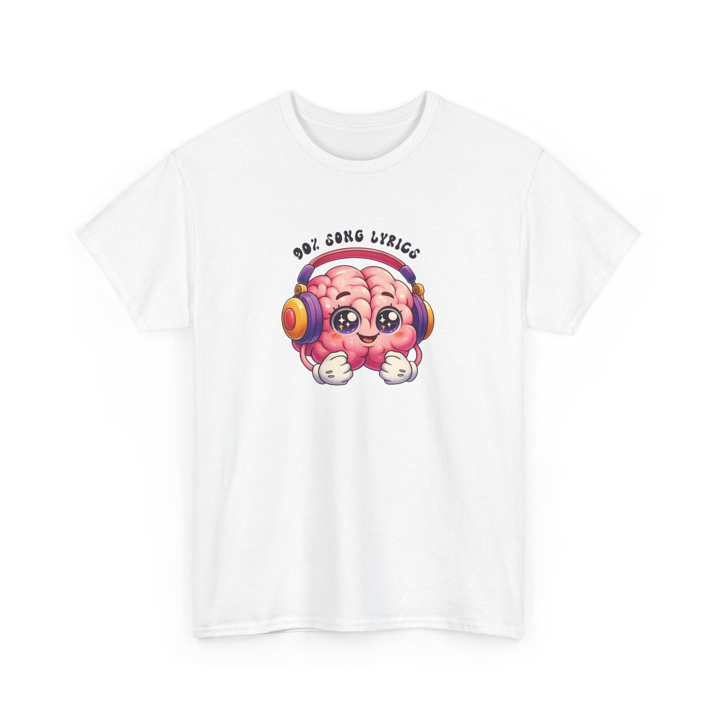 Front view of a white T-shirt featuring a colorful brain graphic with headphones and the text "My Brain is 90% Song Lyrics." Part of the Vivid Divergence Sensory Friendly Unisex Tees Range.