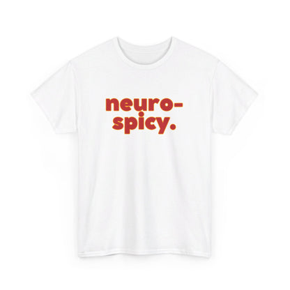 Front view of a white T-shirt with the text "Neuro-Spicy" in retro-style lettering. Part of the Vivid Divergence Sensory Friendly Unisex Tees Range.