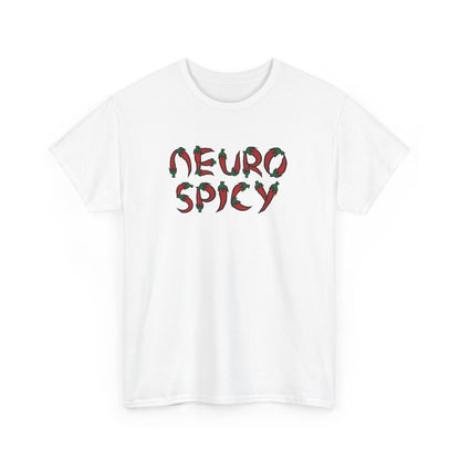 Front view of a white T-shirt with "Neuro Spicy" text in bold, colorful letters. Part of the Vivid Divergence Sensory Friendly Unisex Tees Range.
