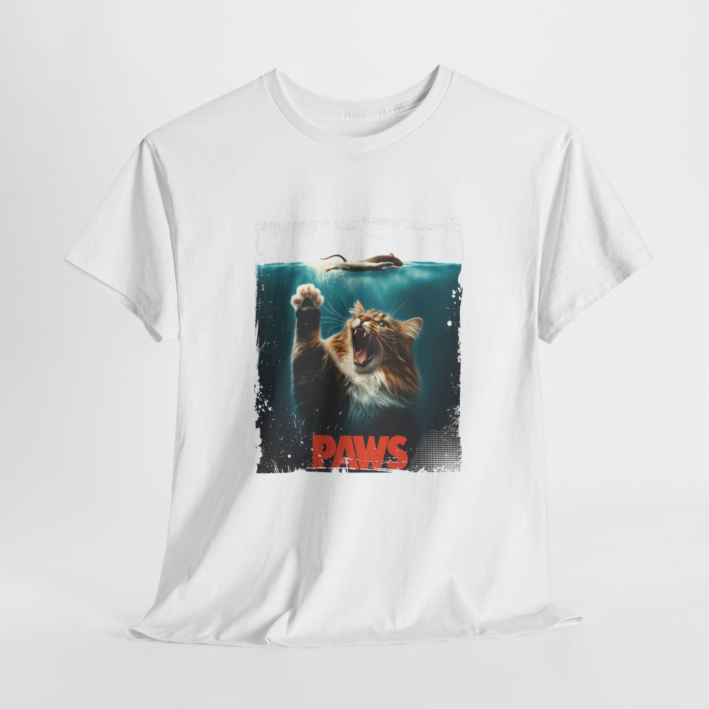 Front view of a white T-shirt featuring a "Paws" parody of the movie Jaws with a cat reaching upward underwater. Part of the Vivid Divergence Sensory Friendly Unisex Tees Range.
