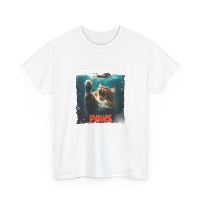 White T-shirt with a "Paws" parody of the movie Jaws featuring a cat underwater, shown hanging on a display. Part of the Vivid Divergence Sensory Friendly Unisex Tees Range.