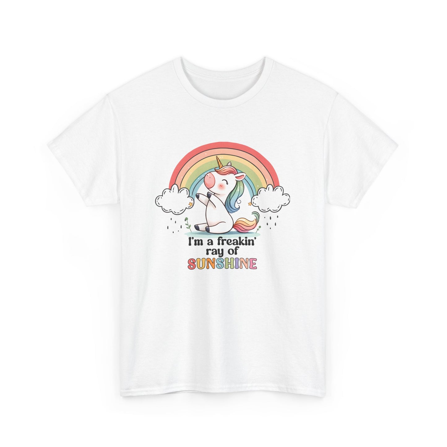 Front view of a white T-shirt featuring a rainbow and unicorn graphic with the text "I'm A Freakin Ray Of Sunshine." Part of the Vivid Divergence Sensory Friendly Unisex Tees Range.