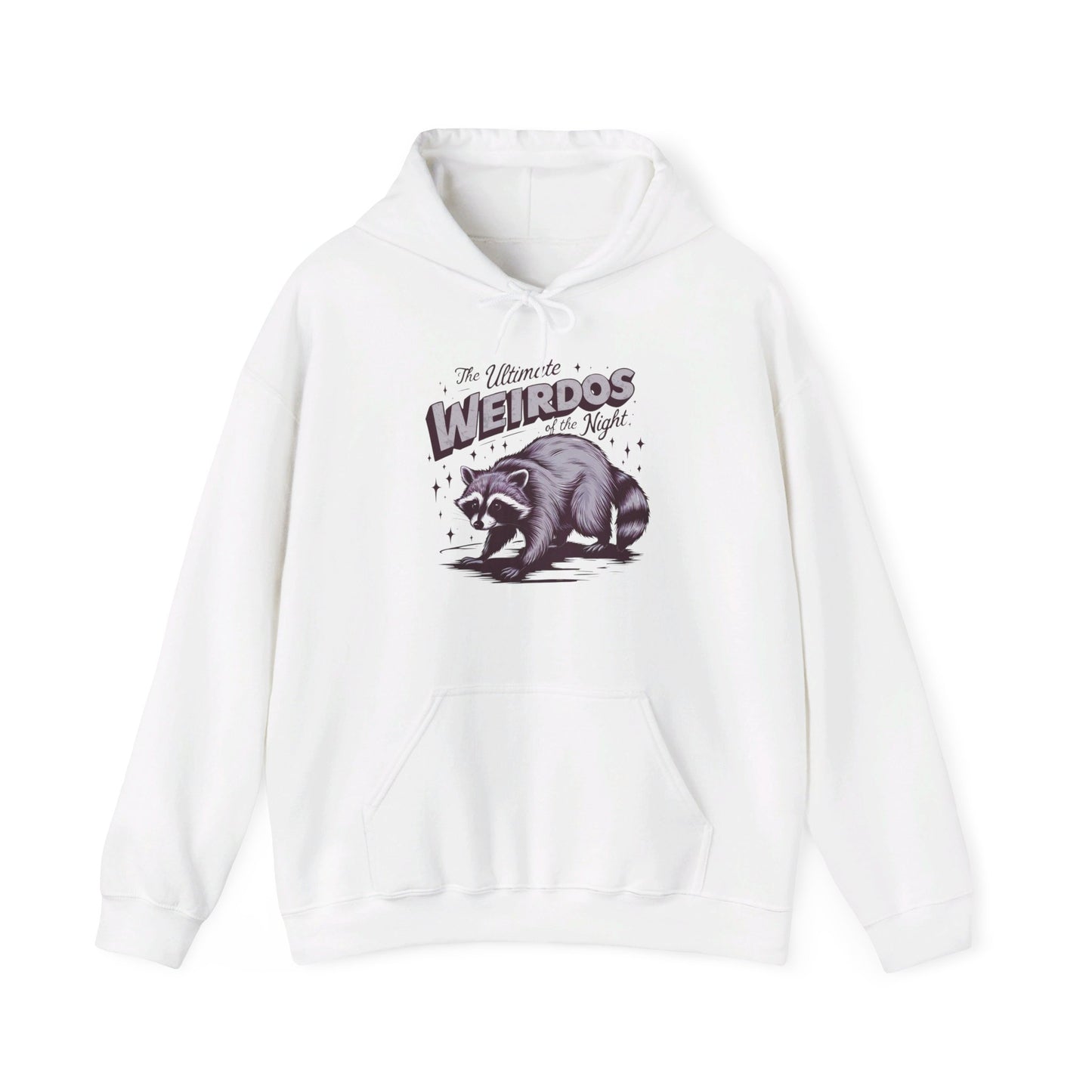 Front view of a white hoodie featuring the text "The Ultimate Weirdos of the Night" with a cartoon illustration of a raccoon and an opossum. Part of the Vivid Divergence Sensory Friendly Unisex Hoodie Range.
