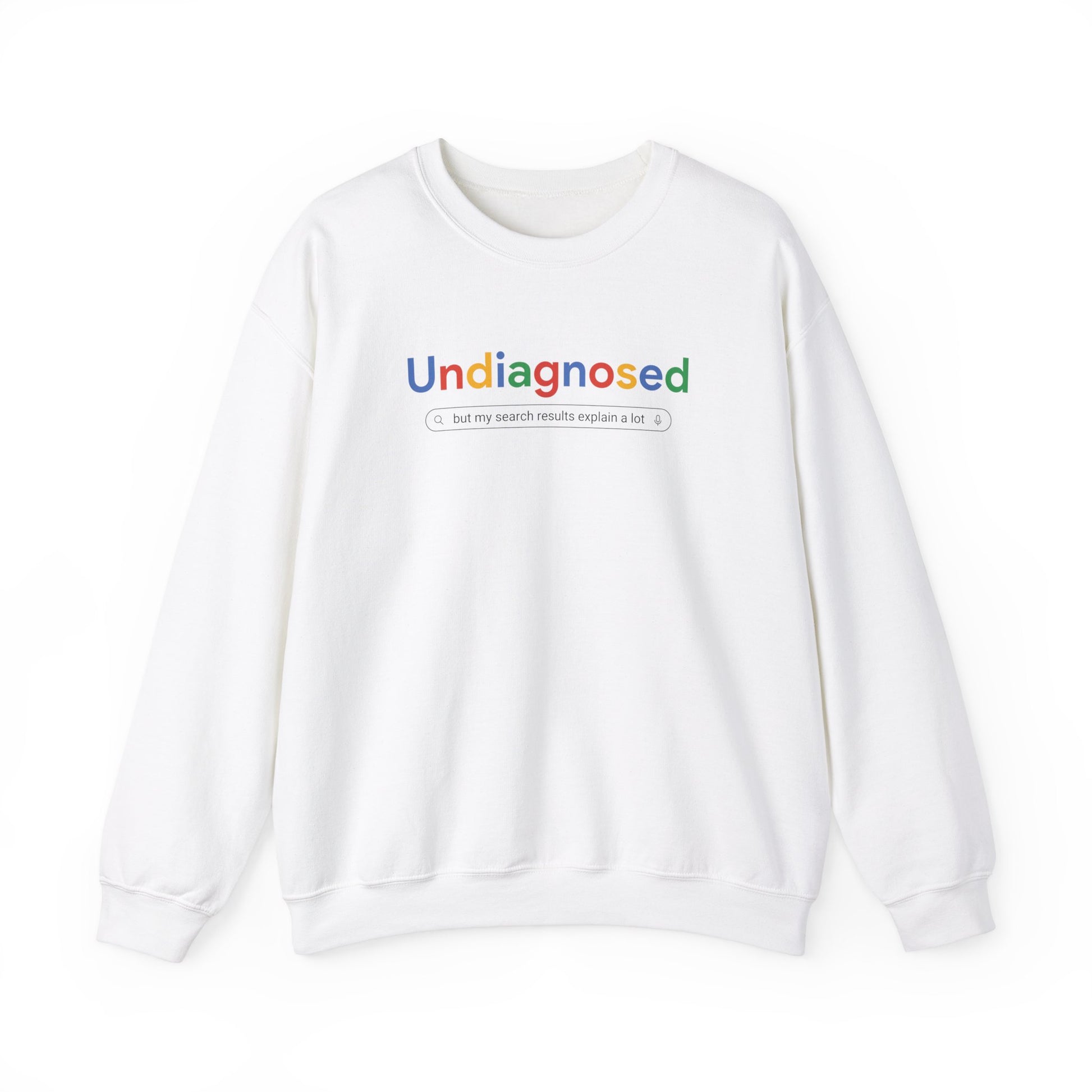 Front view of a white sweatshirt featuring the word "Undiagnosed" in a Google-style font with a search bar graphic below. Part of the Vivid Divergence Sensory Friendly Unisex Sweater Jumper Range.