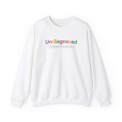 Front view of a white sweatshirt featuring the word "Undiagnosed" in a Google-style font with a search bar graphic below. Part of the Vivid Divergence Sensory Friendly Unisex Sweater Jumper Range.