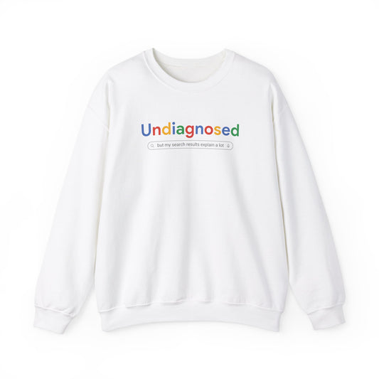 Front view of a white sweatshirt featuring the word "Undiagnosed" in a Google-style font with a search bar graphic below. Part of the Vivid Divergence Sensory Friendly Unisex Sweater Jumper Range.