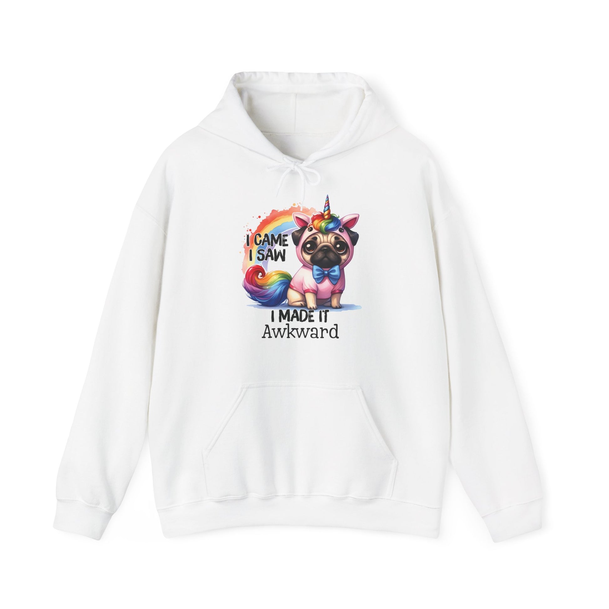 Front view of a white hoodie featuring a colorful unicorn pug with the text "I Came, I Saw, I Made It Awkward." Part of the Vivid Divergence Sensory Friendly Unisex Hoodie Range.