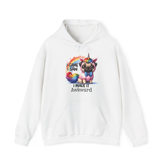 Front view of a white hoodie featuring a colorful unicorn pug with the text "I Came, I Saw, I Made It Awkward." Part of the Vivid Divergence Sensory Friendly Unisex Hoodie Range.