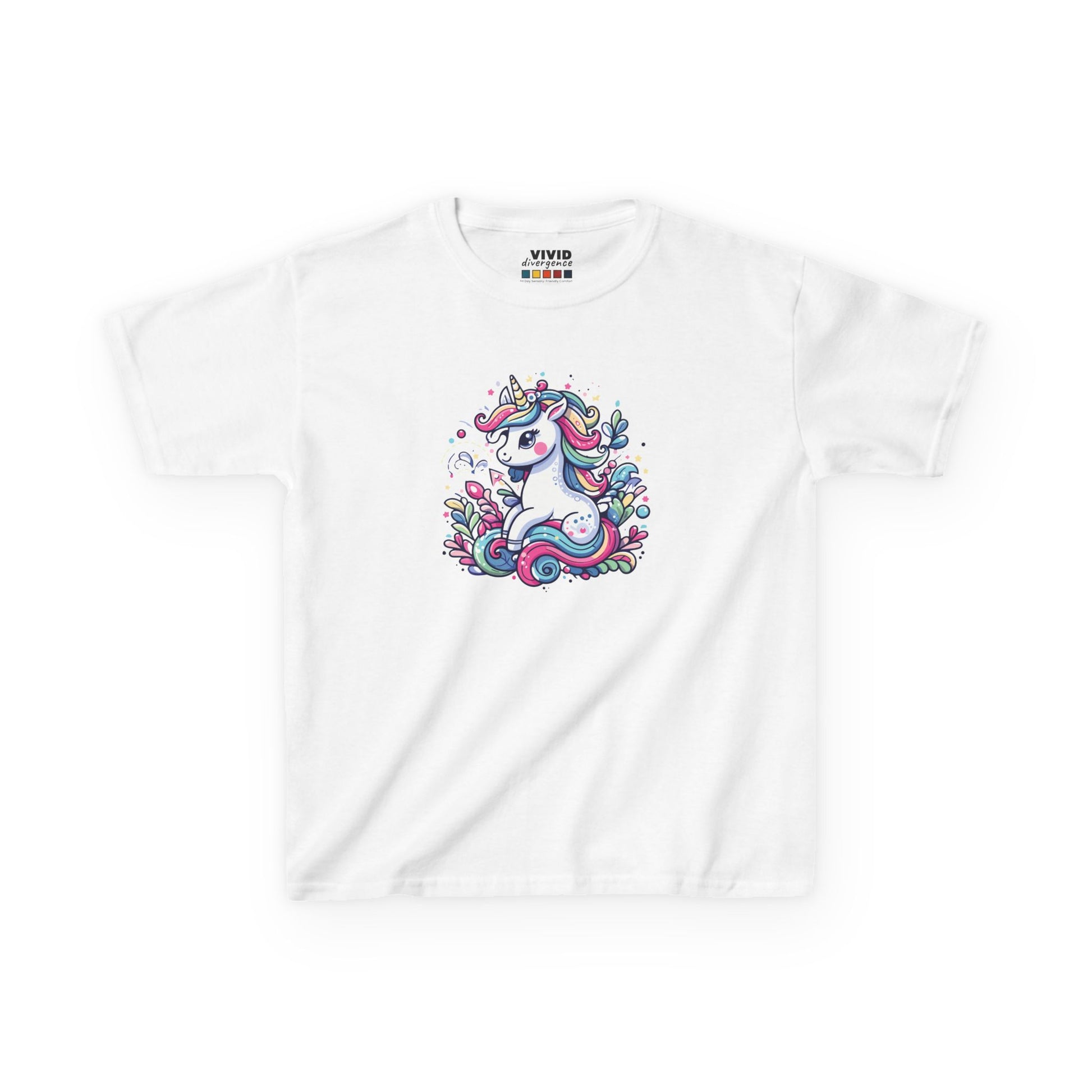 Front view of a white "Unicorn Vibes" kids T-shirt featuring a colorful, whimsical unicorn design. Part of the Vivid Divergence Sensory Friendly Kids Shirts Range. The perfect T-shirt for sensory-sensitive kids and comes with a Sensory Satisfaction Promise.